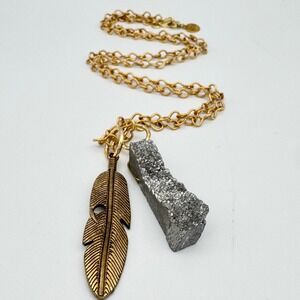 Skinny by Jessica Elliot Pendant Necklace Gold Tone Feather & Pyrite Druzy 30 In